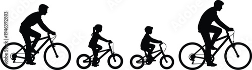 Silhouette of a Family Riding Bicycles Together on a White Background cycling father