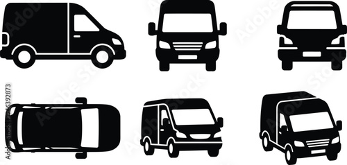 Six black silhouettes of different van models and angles on white background