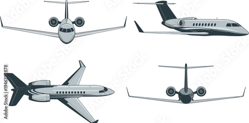 Private jet airplane silhouettes set, business aircraft collection, corporate aviation transport, luxury jet plane views, modern air travel illustration