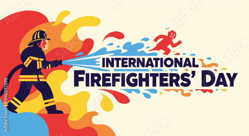 Firefighter spraying water for International Firefighters Day in dynamic flat design, heroic, with bright contrasting colors as a vector illustration for event promotion and public awareness.