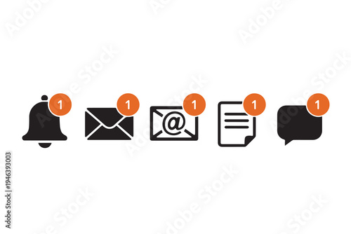 Set of black communication and notification icons with orange notification badges on white