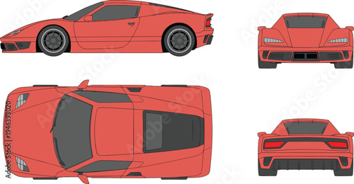 Red sports car vector illustration set, supercar vehicle views collection, luxury racing automobile design, modern performance car
