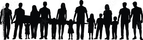 Silhouette of a Large Family Holding Hands and a Plank of Wood on White group people