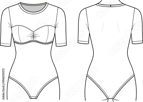 Technical fashion sketch of women's short sleeve bodysuit flat drawing template for apparel design and clothing manufacturing development