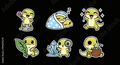 Kawaii gecko character sticker set charming svg vector collection of adorable reptiles in playful poses, perfect for adding whimsy to digital projects