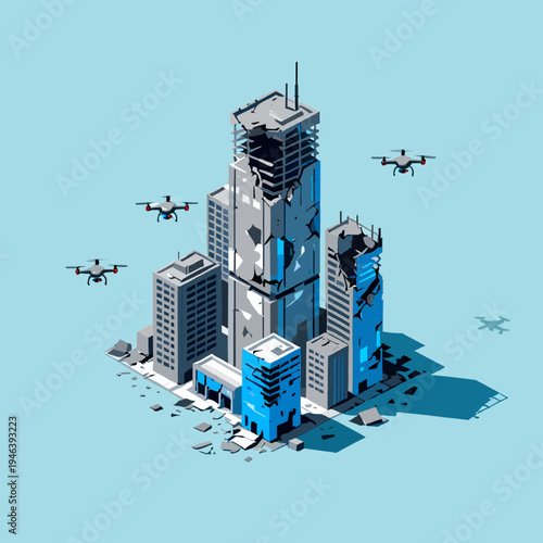 Isometric Illustration of Destroyed Skyscrapers and Surveillance Drones in a Conflict Zone.