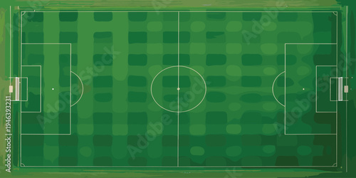 Soccer field top view vector illustration, detailed football pitch layout with markings isolated sports stadium ground design