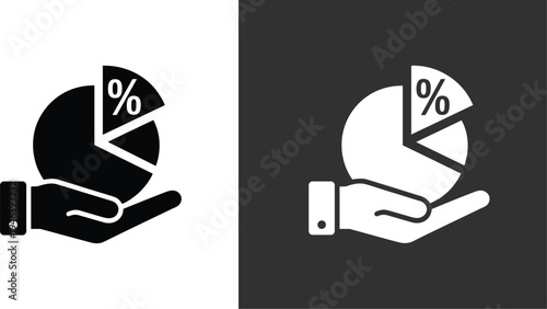 Professional pie chart icon with percentage symbol held in hand vector illustration, financial data analysis and business growth concept isolated on white background.