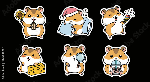 A delightful kawaii hamster sticker set, versatile vector graphics. Adorable rodents in various poses. Scalable SVG files for creative digital projects