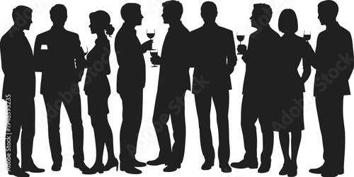 Silhouette of men and women in formal attire holding wine glasses at a social gathering people event