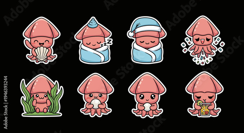 Cute kawaii squid vector sticker set featuring adorable marine creatures in various charming poses, ideal for fun ocean themes, available as a scalable SVG illustration