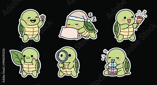 Delightful kawaii turtle sticker set vector illustration, charming cartoon reptiles in various playful activities, a scalable SVG graphic for creative designs