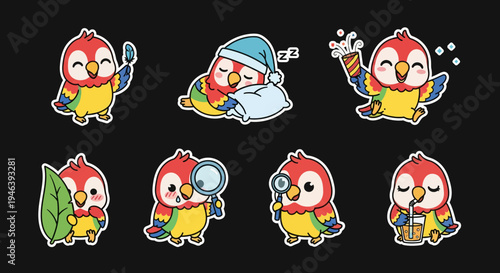 Adorable kawaii parrot sticker set vector collection with cute cartoon birds in various playful poses, perfect SVG illustrations for cheerful designs and digital projects