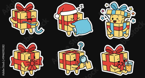 Delightful Kawaii Gift Box Characters Vector Sticker Set, an adorable SVG collection ideal for celebrations. Cute present boxes expressing diverse emotions and holiday cheer