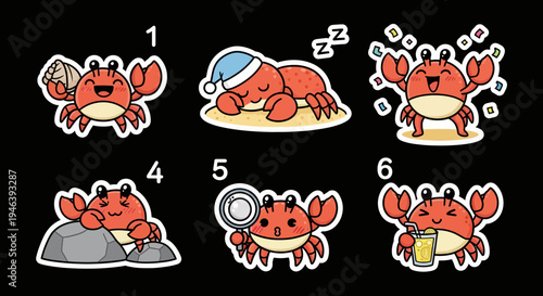 Charming kawaii crab sticker set, a playful vector collection of marine characters depicting diverse emotions and daily activities, ideal for SVG assets