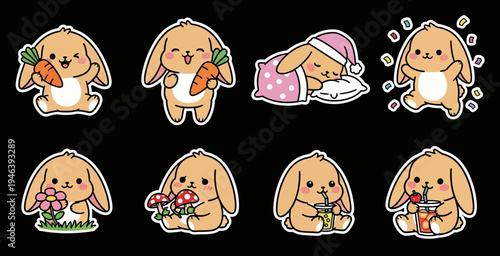 Charming kawaii bunny sticker set, featuring adorable vector illustrations for various moods and activities, perfect as a versatile svg graphic collection