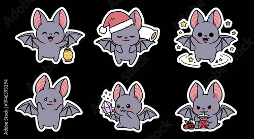 Adorable kawaii bat sticker set vector collection showcasing charming flying mammals in various cute poses, perfect as an svg for spooky, playful, or whimsical design projects