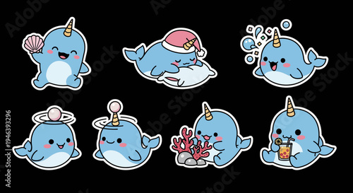 Charming kawaii narwhal sticker set vector illustration collection, perfect for cute ocean animal themed projects and digital designs as scalable SVG files