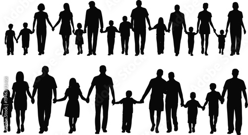 Silhouettes of Families Holding Hands in Two Rows on a White Background family parents