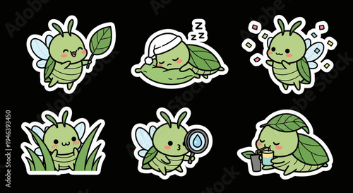 Adorable kawaii bug character sticker set vector art featuring cute insect illustrations for various moods and activities, perfect as a versatile SVG collection