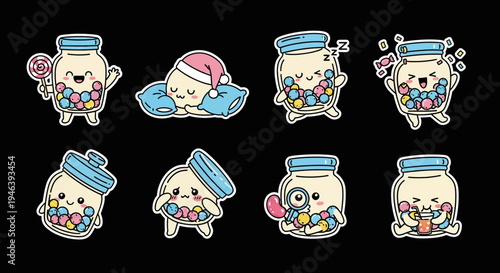 Adorable kawaii jar characters vector sticker set. A charming collection of expressive candy jars in playful poses, ideal for scalable svg assets