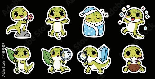Delightful kawaii gecko sticker set vector illustrations, showcasing adorable reptile characters in various charming moods, available as scalable SVG graphics for creative projects