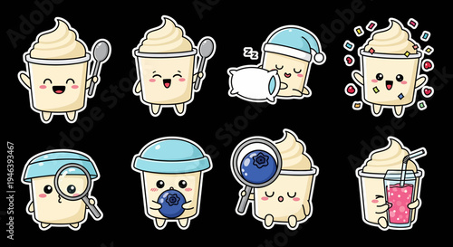Adorable kawaii dessert cup characters vector sticker set featuring sweet treats with various emotions and actions, perfect for scalable svg graphics