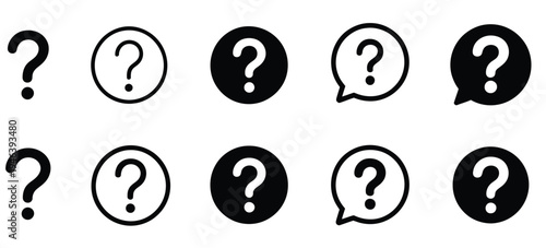 Question Marks Icon Set, Bubble Question and Help Symbols, Isolated Question Mark Vector, Inquiry and FAQ Icons, User Interface and Support Illustration for Web, Mobile, and App Interfaces.