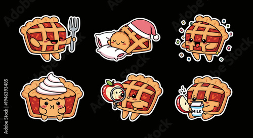 Kawaii pie vector sticker set. SVG collection of cute cartoon fruit pies in playful poses, great for digital art and graphics