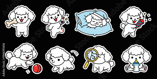 Adorable fluffy puppy sticker set featuring various playful activities, a charming kawaii vector collection perfect for digital projects and fun SVG designs for kids and dog lovers