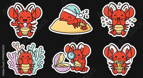 Delightful kawaii lobster sticker set showcasing cute cartoon sea creatures in playful poses, a versatile vector collection ideal for fun designs as charming SVG assets