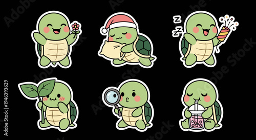 Adorable Kawaii Turtle Sticker Set Vector Collection - Cute Cartoon Animal Characters in Various Poses for Digital Design and SVG Files