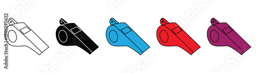 Referee whistle icons in various colors for sports competition and coaching