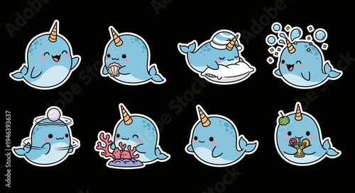 Delightful kawaii narwhal sticker set vector. Adorable marine animals in various playful poses, perfect for charming designs, scalable SVG illustrations