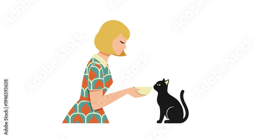 Woman feeding black cat cartoon illustration on white background