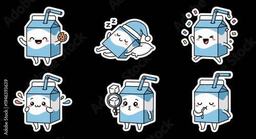Kawaii milk carton character sticker set, versatile vector SVG collection showing cute drink boxes with playful emotions and charming moods