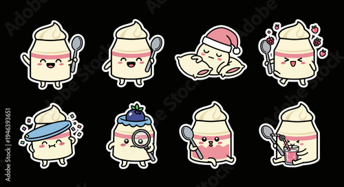 Kawaii dessert characters sticker set, a versatile vector collection of sweet cream pudding mascots with diverse expressions and poses, ideal for SVG art