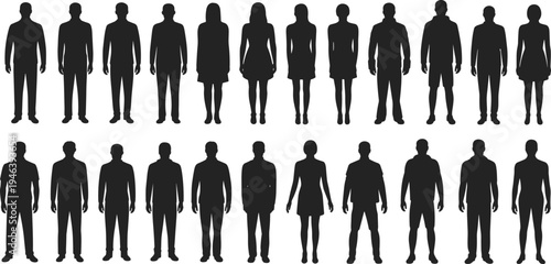 Silhouettes of Men and Women in Rows on White Background people standing