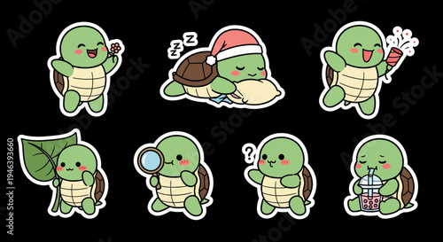 Charming kawaii turtle sticker set vector SVG collection featuring adorable baby amphibians in various playful and emotive poses for creative projects