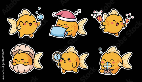 Adorable kawaii goldfish sticker set vector illustration pack, perfect for adding charming aquatic fun and playful emotions to digital projects as a versatile svg collection