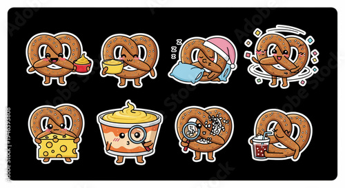 An adorable kawaii pretzel sticker set, a vibrant vector SVG collection of charming food characters, perfect for playful designs and engaging digital content