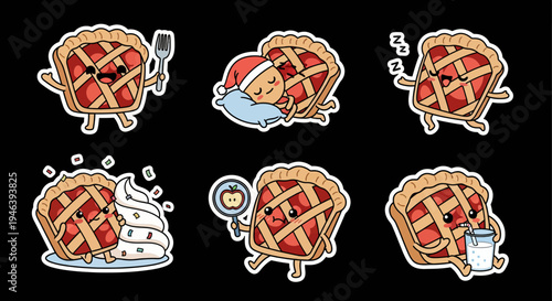 Adorable kawaii pie sticker set vector collection with cute dessert characters in various poses, perfect for svg designs and food-themed projects for a charming visual appeal