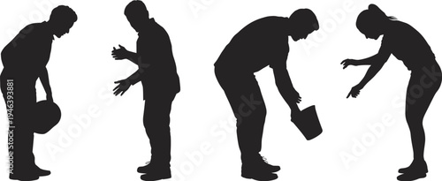 Silhouettes of people bending down and interacting with objects on white background Keywords: people, silhouette, bending