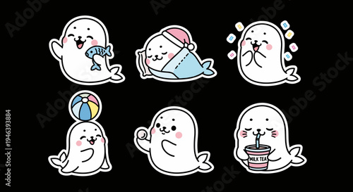 Charming kawaii seal sticker set, a vector collection offering scalable SVG files. Perfect for delightful digital projects and versatile graphic design applications