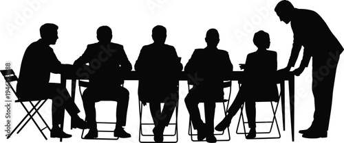 Silhouettes of people in a business meeting around a table on white background Keywords: silhouette, people, business, meeting