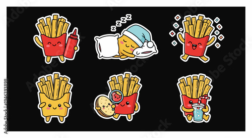 Kawaii french fries sticker set vector svg illustrations. Adorable anthropomorphic food characters for playful digital art projects