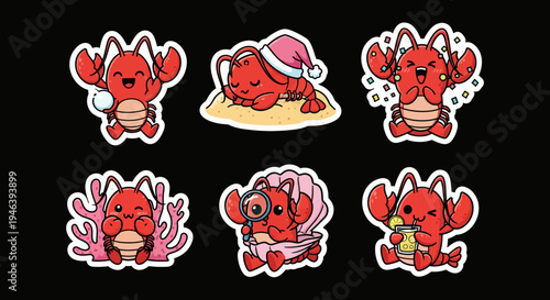 Adorable Kawaii Lobster Sticker Set Vector SVG Bundle for Ocean Themed Designs and Cute Seafood Graphics – A Fun Collection of Marine Life Illustrations