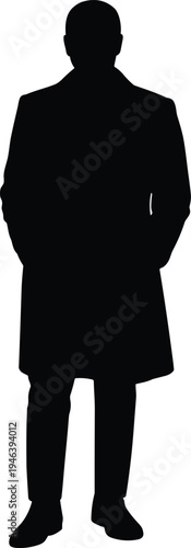 Man in long trench coat silhouette standing in formal pose, male figure in overcoat flat vector illustration for fashion and mystery concepts