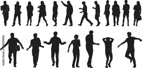 Silhouettes of people in various active poses and casual attire on white Keywords: silhouette, people, man, woman, walking