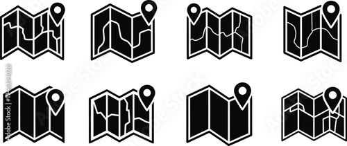 Set of vector map icons with location markers and routes